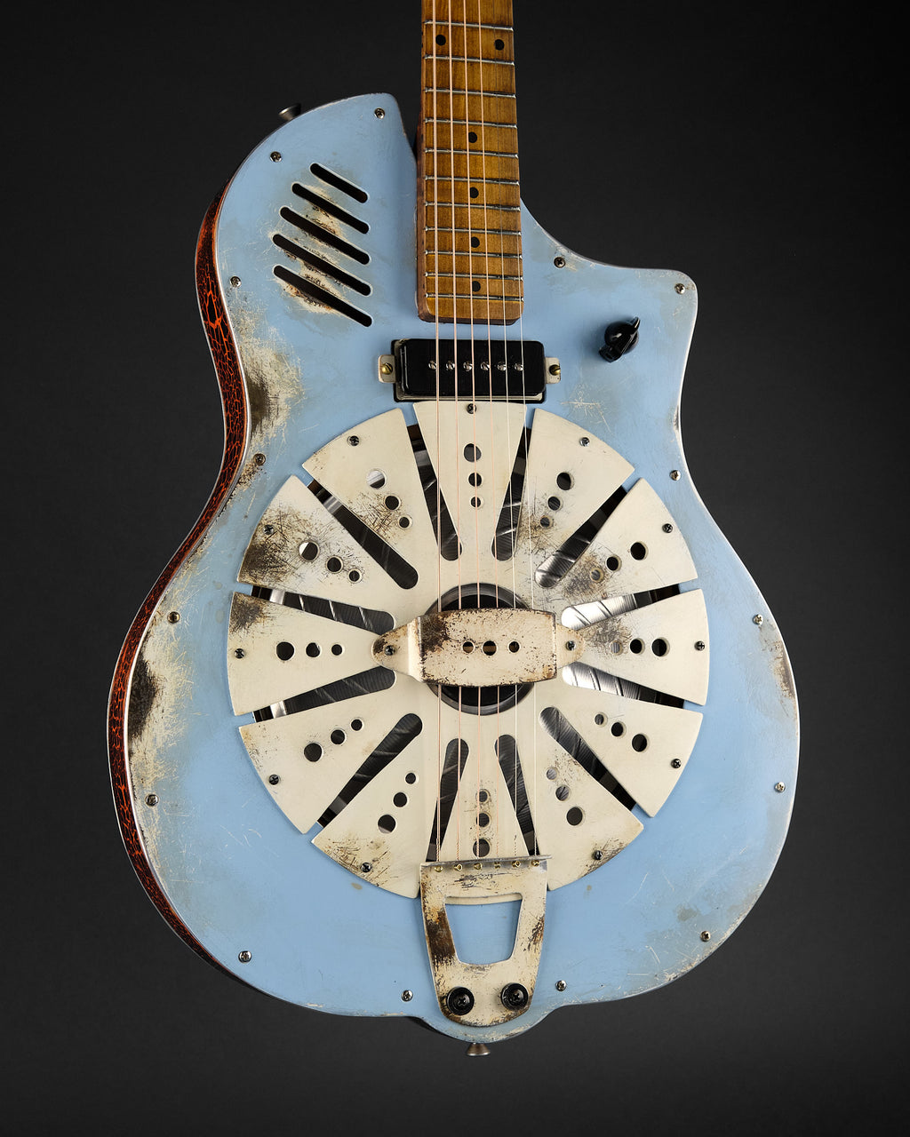 Sea Patrol Custom Guitars SP-38/57 Cutaway Resonator Aged Blue/Orange Crackle - body front | Replay Guitars