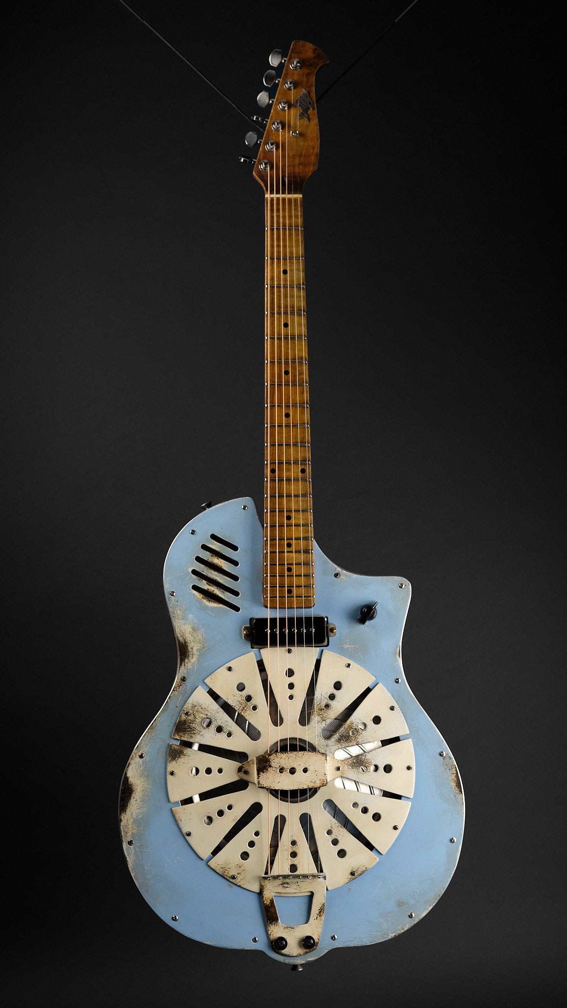 Sea Patrol Custom Guitars SP-38/57 Cutaway Resonator Aged Blue/Orange Crackle - full front | Replay Guitars
