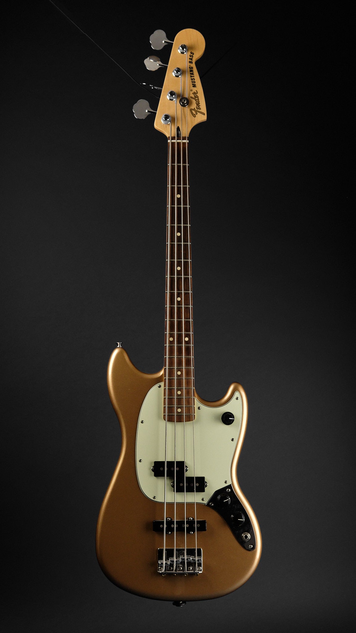 2022 Fender Player Mustang Bass PJ Firemist Gold - full front | Replay Guitars