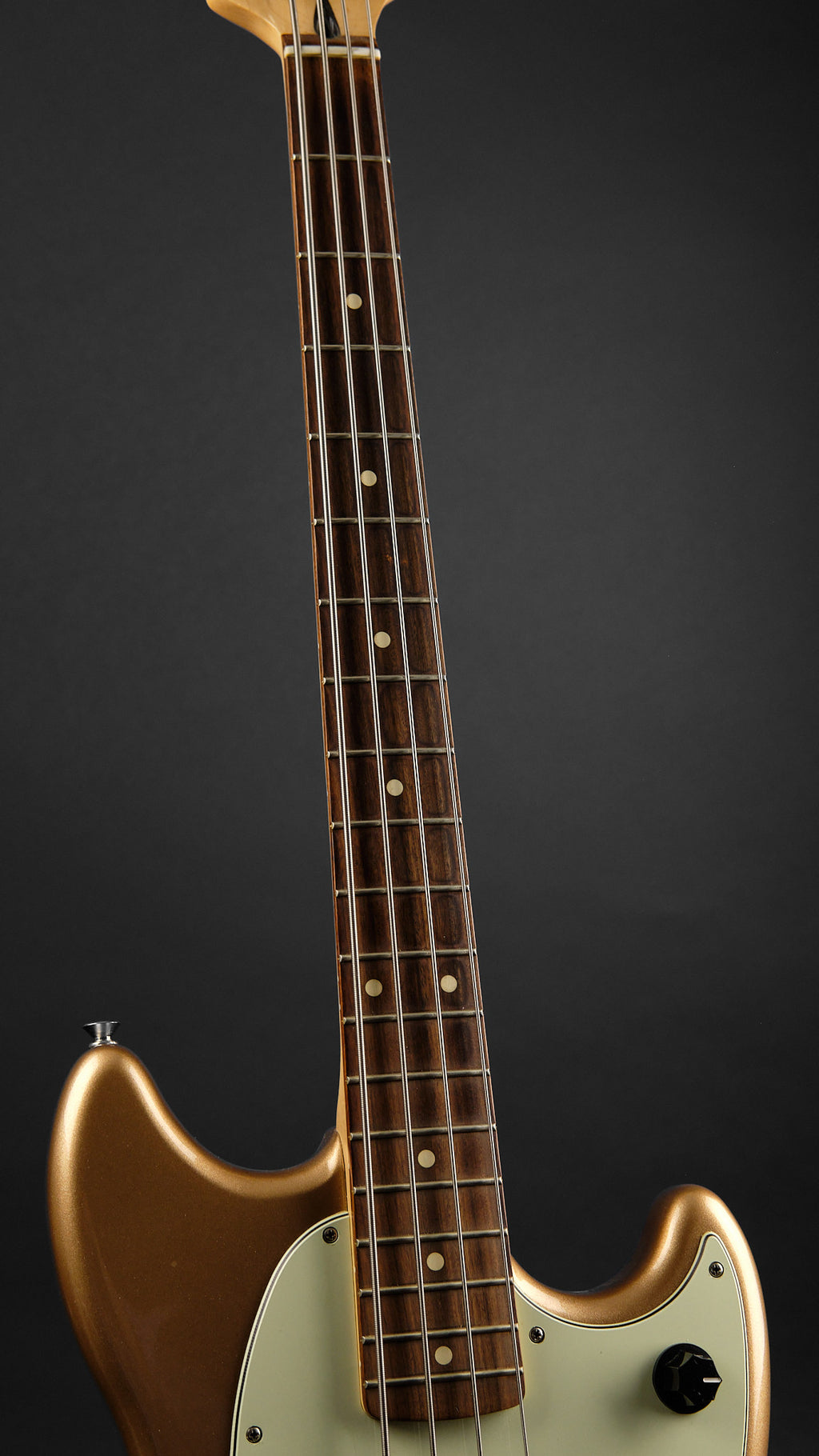 2022 Fender Player Mustang Bass PJ Firemist Gold - neck front | Replay Guitars